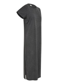 Szara, sukienka do kolan wykonana z miękkiego materiału, z okrągłym dekoltem, krótkimi rękawami i bocznymi rozcięcia dla swobody ruchów.