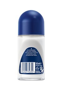Clear plastic deodorant container with a blue dome cap. Label includes product details, barcode, and multilingual text. 50ml size.