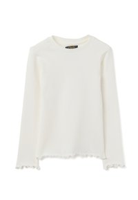 Wit top met lange mouwen, gemaakt van geribbelde stof. Voorzien van een ronde halslijn en details met rafelige zoom. Eenvoudig en veelzijdig ontwerp.