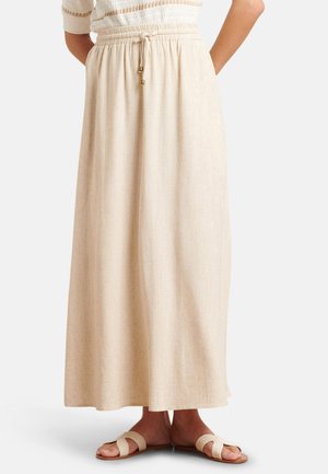 Beige maxi-rok met een elastische tailleband en trekkoord. Gemaakt van lichtgewicht stof, met een soepele textuur en vloeiende ontwerp.