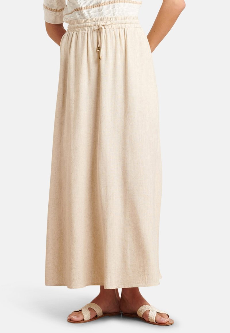 Beige maxi-rok met een elastische tailleband en trekkoord. Gemaakt van lichtgewicht stof, met een soepele textuur en vloeiende ontwerp.