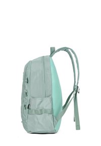 Sac à dos vert menthe avec un panneau latéral en maille texturée, des fermetures éclair doubles, des bretelles réglables et une forme compacte et structurée.