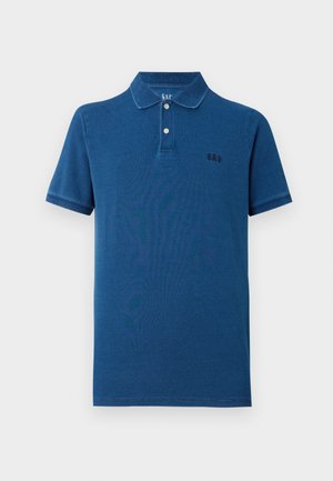 Blue cotton polo shirt with a classic collar, two buttons, and a small black GAP logo on the left chest. Short sleeves and straight hem.