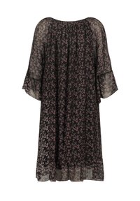 Musta, kukkakuosiset mekko kevyestä, läpikuultavasta kankaasta, jossa on väljä malli, lyhyet kellotähkähihoja ja rypytetty pääntie.