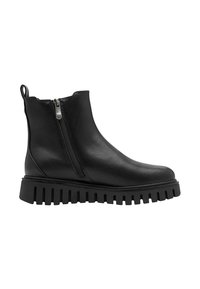 Bottes noires en cuir jusqu'à la cheville avec fermeture éclair latérale, bout arrondi et semelle en caoutchouc épaisse présentant des rainures profondes pour une meilleure adhérence.
