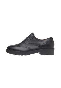 Zwarte leren oxford schoenen met een brogue ontwerp, voorzien van een ronde neus, vetersluiting en een dikke zwarte rubberen zool.
