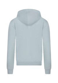 Sudadera azul clara hecha de una tela suave, con capucha ajustable, puños y dobladillo acanalados, y un diseño simple y limpio.
