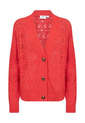 Cardigan rosso lavorato a maglia con un motivo a rete aperta, polsini a costine e scollo a V profondo. Caratterizzato da tre bottoni marroni sul davanti.