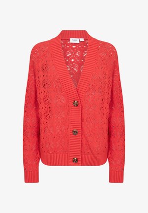 Rode gebreide cardigan met een open weefpatroon, geribbelde manchetten en een diepe V-hals. Voorzien van drie bruine knopen aan de voorkant.