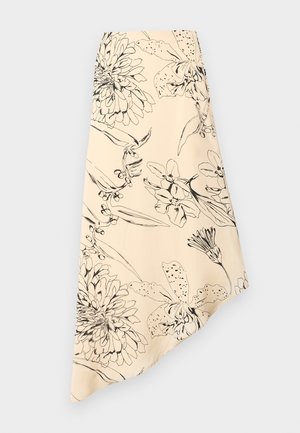 Jupe beige asymétrique avec dessins de lignes florales noires présentant de grandes fleurs et des feuilles.