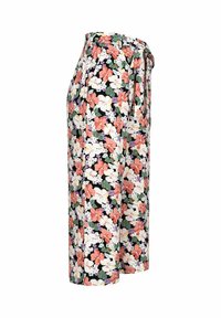 Pantalons taille haute à fleurs avec un motif de fleurs multicolores sur fond noir. Fabriqués en tissu léger ; détail de taille nouée.