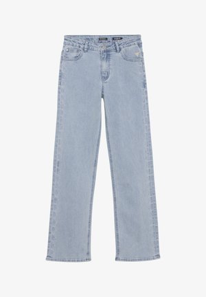 Vaqueros de pierna recta, de color azul claro, fabricados en denim, con bordados laterales, un diseño clásico de cinco bolsillos y una sutil textura desteñida.