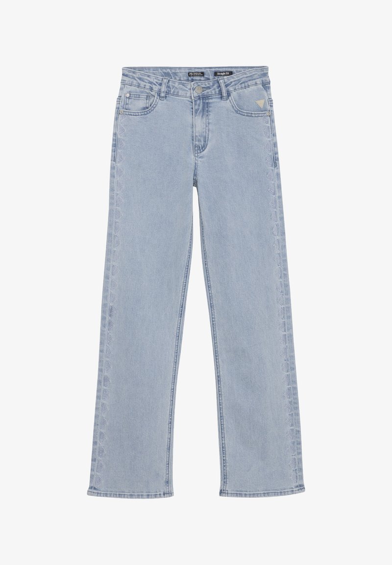 Ljusblå raka jeans i denim med sidobrodyr, en klassisk femficksdesign och en subtil utvättad textur.