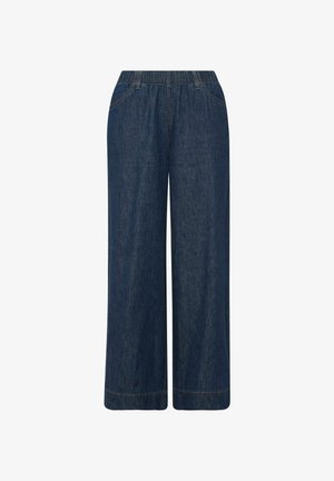 Brede donkere denimbroek met een elastische tailleband, voorzien van contrasterende stiksels en een gladde, iets gestructureerde oppervlak.