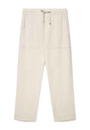 Pantaloni casual beige chiaro con vita elastica, coulisse, gambe larghe e grandi tasche frontali rettangolari.