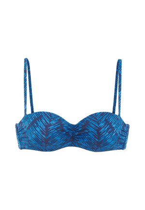 Blauer Bikini-Oberteil mit Muster, dünnen verstellbaren Trägern und leicht gerafften Details in der Mitte vorne.