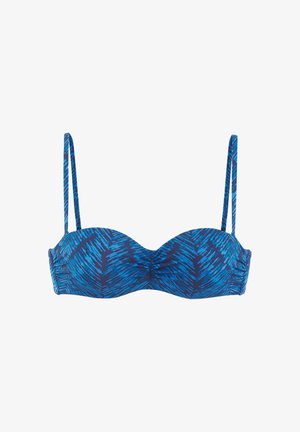 Blauer Bikini-Oberteil mit Muster, dünnen verstellbaren Trägern und leicht gerafften Details in der Mitte vorne.