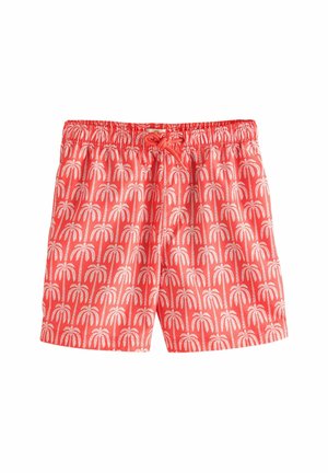 Bañadores de hombre en color coral con un patrón de palmeras blancas, con cinturilla elástica y cordón ajustable para un ajuste seguro.