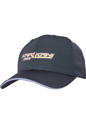Sort baseball cap med en buet skygge, der har et flerfarvet "KARL KANI 1989" logo foran og en kontrasterende lys blå kant.