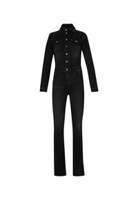 Jumpsuit en denim noir avec des manches longues, un devant boutonné et deux poches poitrine. Présente un buste ajusté et des jambes évasées. Texture lisse.