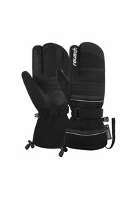 Schwarze Handschuhe aus Leder und Softshell-Material, mit verstellbaren Manschetten und rutschfesten Details. Entwickelt für den Schutz bei kaltem Wetter.