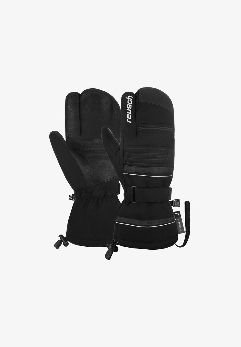 Schwarze Handschuhe aus Leder und Softshell-Material, mit verstellbaren Manschetten und rutschfesten Details. Entwickelt für den Schutz bei kaltem Wetter.