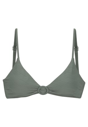 Zielony biustonosz bikini w kształcie trójkąta wykonany jest z teksturowanej tkaniny z geometrycznym wzorem, ma regulowane ramiączka oraz okrągły detal na przodzie.