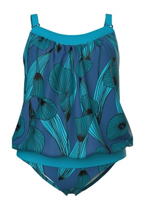 Blauer zweiteiliger Badeanzug mit lockerem, floral gemustertem Oberteil und passenden hoch taillierten Hosen mit schwarzen und türkisfarbenen Blattmotiven.