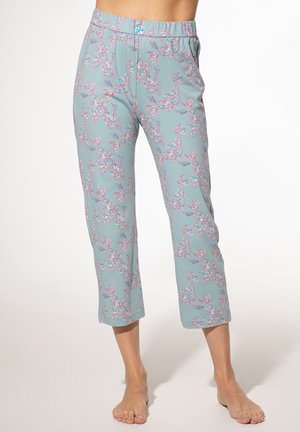 Helle aqua-farbene, cropped Hosen mit floralem Muster, das pinke und lila Blumen zeigt. Aus einem weichen Material mit elastischem Bund gefertigt.