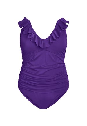 Maillot de bain une pièce violet avec des bretelles froncées, un corsage froncé et un décolleté en V profond, fabriqué en tissu extensible et lisse.