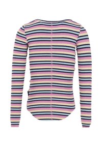 Langarm geribbelde top met horizontale strepen in roze, paars, geel en marineblauw, met een ronde halslijn en knoopdetail aan de achterkant.