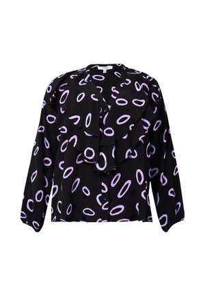 Zwarte lange mouwen blouse met paarse ovale patronen, voorzien van ruches aan de voorkant en knoopsluiting.