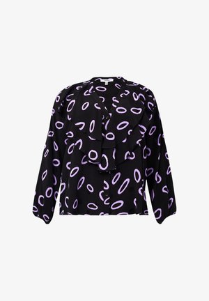 Sort langærmet bluse med lilla ovale mønstre, der har rynkede detaljer foran og knaplukning.