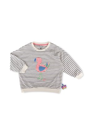 Kinderlangarmweißes Hemd mit schwarzen horizontalen Streifen und einer bunten Flamingo-Applikation vorne, mit umgeschlagenen Ärmeln und Saum.