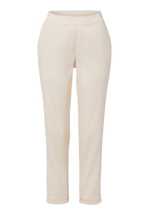 Pantalon beige droit avec taille élastique et ourlets retournés, conçu pour un usage décontracté ou semi-formel.