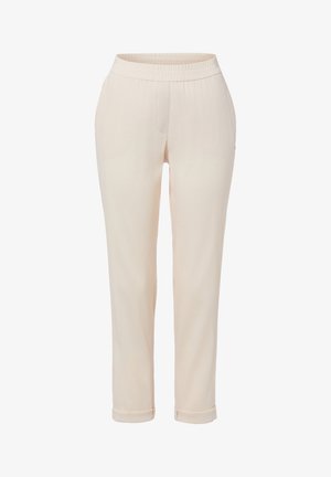 Pantalon beige droit avec taille élastique et ourlets retournés, conçu pour un usage décontracté ou semi-formel.