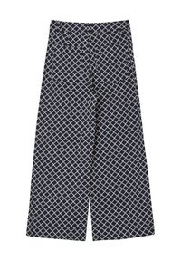 Pantalons larges à motifs en tissu bleu marine avec un design géométrique crème. Dotés d'une taille haute et de deux poches arrière.