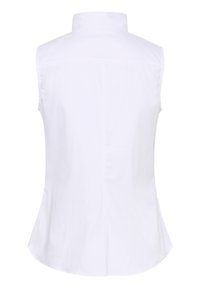 Chemise blanche sans manches avec col haut, coupe ajustée et ourlet légèrement évasé, vue de dos.
