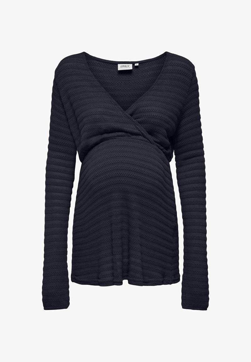 Haut de maternité à manches longues bleu marine avec rayures horizontales texturées, col en V croisé et zone ventre ajustée.