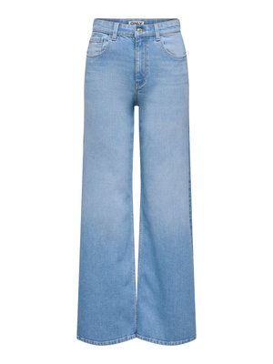Light blue high-waisted wide-leg jeans with front pockets, belt loops, and a button closure.