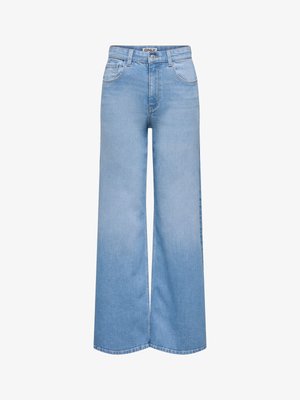 Light blue high-waisted wide-leg jeans with front pockets, belt loops, and a button closure.
