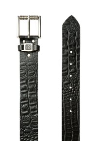 Schwarzer Leder Gürtel mit Krokodilstruktur, silberner Doppeldornschließe und fünf Einstelllöchern entlang des Riemens. Z tapered Ende.