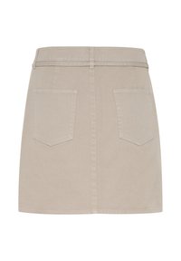 Beige denim skirt with a straight cut, featuring a waistband, two back pockets, and stitched detailing. Smooth texture, knee-length design.