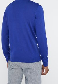 Blauer gestrickter Pullover mit langen Ärmeln, gerippten Bündchen und Saum, mit glatter Textur und taillierter Form. Getragen über gemusterten grauen Hosen.