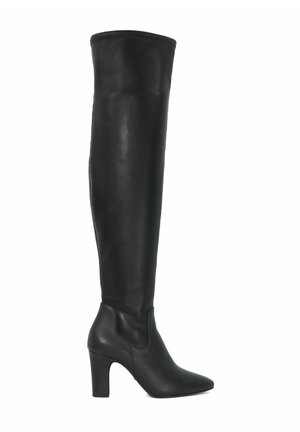 Bottes noires à hauteur de cuisse en cuir lisse, avec un bout pointu et un talon carré, sans quincaillerie ni motifs visibles.