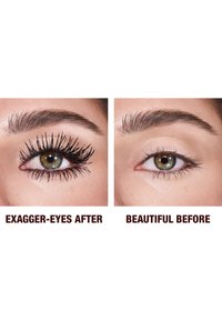 Two close-up images of an eye. Left: thick, spiky black mascara applied, right: clean, natural lashes without product.