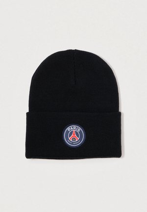 Black knitted beanie with a folded cuff. Features a circular logo patch with "PARIS" and "SAINT-GERMAIN" in blue and red accents.