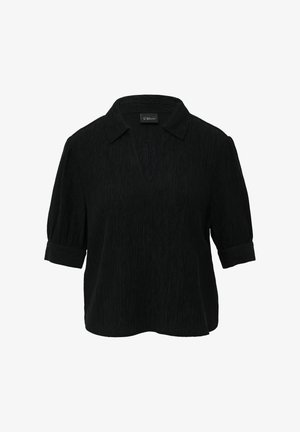 Schwarze Kurzarmbluse mit Kragen und strukturiertem Stoff. Verfügt über einen V-Ausschnitt und umgekrempelte Ärmel für einen lässigen Sitz.