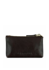 Pochette zippée en cuir marron foncé avec fermeture éclair dorée et logo "bugatti" embossé au centre avant.