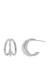 Orecchini a cerchio in tonalità argento con due design distinti: uno con anelli intrecciati e l'altro con curve sovrapposte. Entrambi sono lucidati e eleganti.